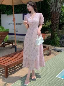 DAZY Ladies' Elegant Long Floral Printed V-Neck Ruched Puff Sleeve Summer Holiday Dress,Ruffle Vacation Outfits Women Easter - Pink - View 7