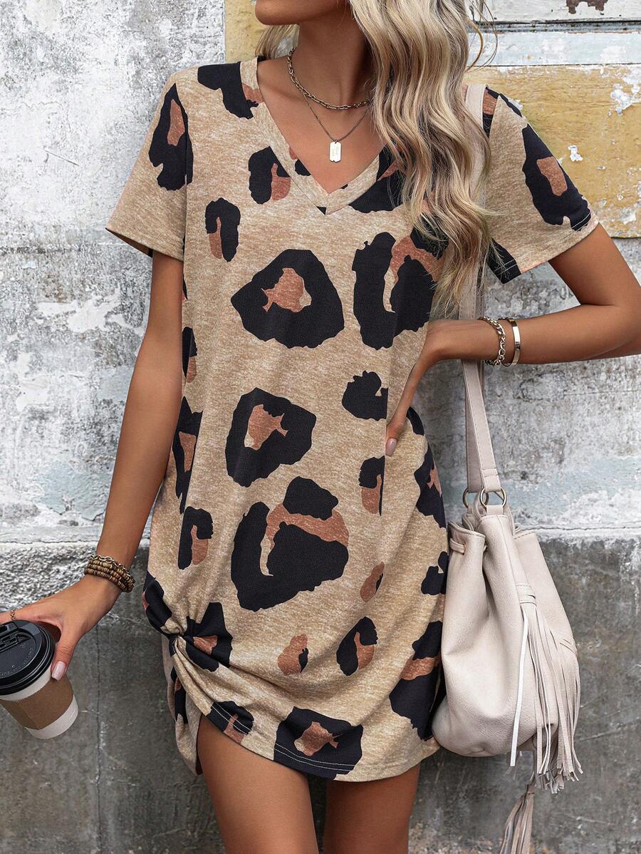 SHEIN LUNE 女士夏季豹紋雙V領休閒假日連衣裙，扭結襬邊款