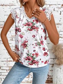SHEIN Clasi Camiseta elegante y romántica de verano con cuello en V y encaje de contraste exquisito con ajuste delgado en base blanca y flores rojas