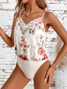 SHEIN Clasi Summer White Base Pink Floral Collar Lace Splicing Bodysuit Floral Bodysuit Country Concert Outfit Women Vintage Clothes Beach Women Outfits Summer Women Bodysuit  Casual Women Bodysuit