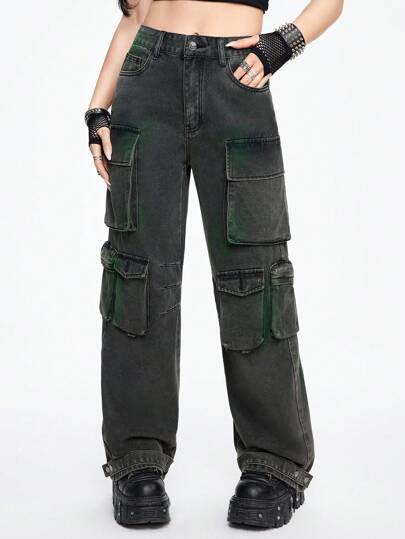 Grunge Punk Cool Street Style Loose Fit Distressed Washed Green Painted Women's Denim Pants With Pockets