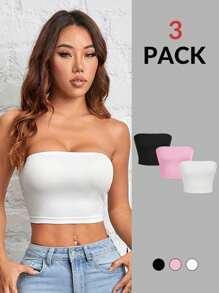 SHEIN PETITE 3-Piece Casual Simple Solid Color Tight Short Outer Wear Tube Top Women's Tops For Summer - Multicolor - View 1