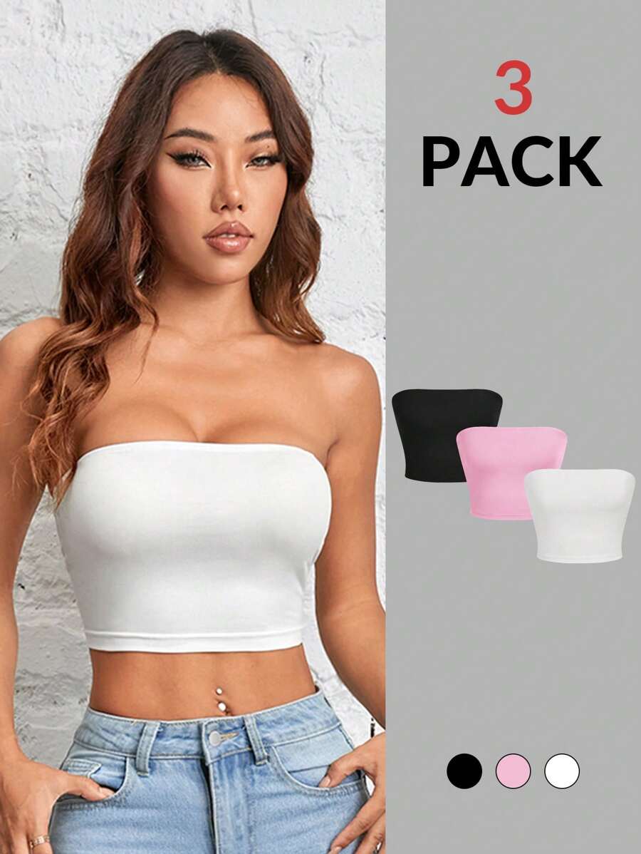 SHEIN PETITE 3-Piece Casual Simple Solid Color Tight Short Outer Wear Tube Top Women's Tops For Summer - Multicolor - View 1