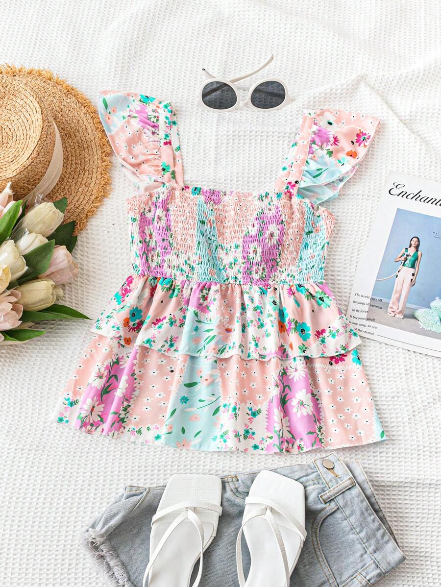 SHEIN Dreamara 拼色浪漫短袖修身女上衣，印有花卉圖案 - 彩色 - 查看 1