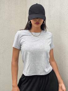DAZY 女士圆领修身短袖 T 恤 夏季 - 灰色 - 查看 4