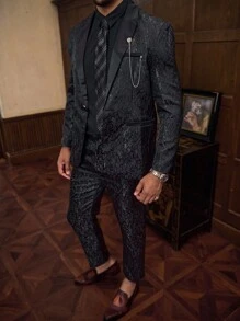 Manfinity Mode Men's Fashion Jacquard Weave Suit Jacket And Trousers Set - Black - View 5