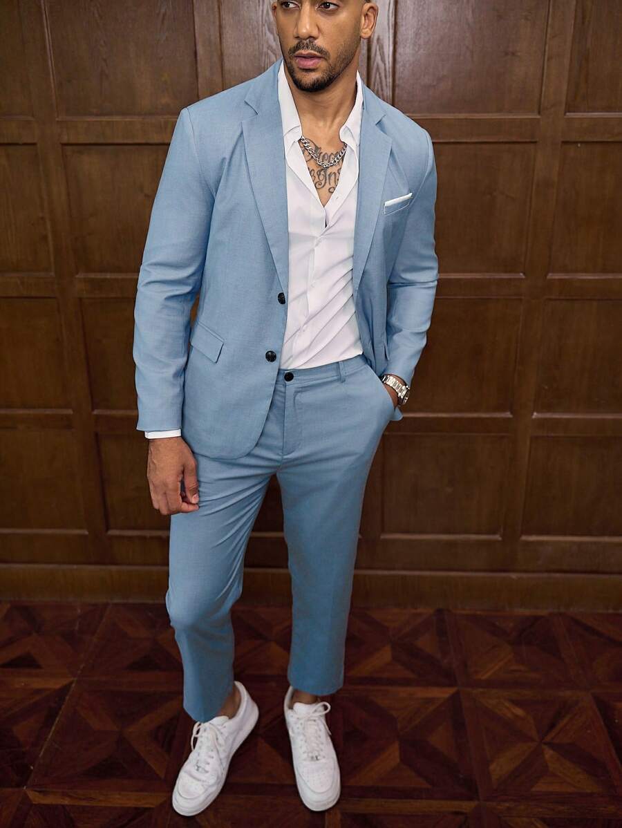 Manfinity Mode Men's Single-Breasted Suit Collar Casual Daily Blazer - Blue - View 1