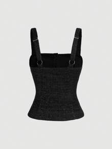 SHEIN MOD Women's Button Decorated Ruffle Hem Camisole With Wide Straps, Summer - Black - View 2