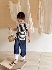 SHEIN Young Girl Casual Blue Striped Knit Top With Lace Sleeves And Blue Pants With Lace Hem, 2pcs/Set, Suitable For Vacation And Outings - Multicolor - View 6