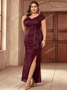 Vestido de fiesta largo con escote de corazón, todo forrado de lentejuelas, con volantes y abertura, vestido de invitada de boda, vestido de noche formal