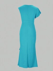 Women's Solid Color Minimalist Elegant Everyday Dress - Blue - View 2