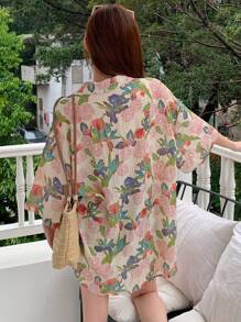 DAZY 女士宽松短袖碎花衬衫，教师假期 - 粉色 - 查看 6