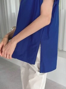 FRIFUL 女士夏季纯色圆领蝙蝠袖短袖开叉休闲T恤，荷叶边超大T恤