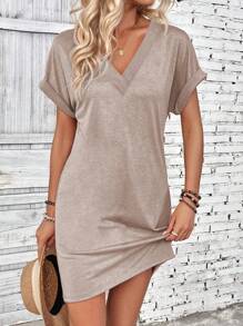 EMERY ROSE Ladies' Casual Plain And Simple Summer Short Sleeve Daily Wear T-Shirt Dress - Khaki - View 1