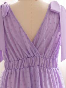 Soleia Holiday Romantic Mesh Bowknot Strap V-Neck Plus Size Dress - Mauve Purple - View 5