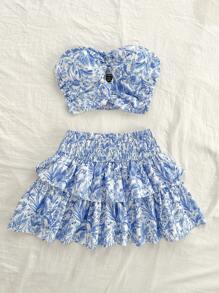 Soleia 度假風格：藍白條紋前扭花型胸衣上衣和分層蓬蓬裙組合，2件套 - 藍白色 - 查看 5