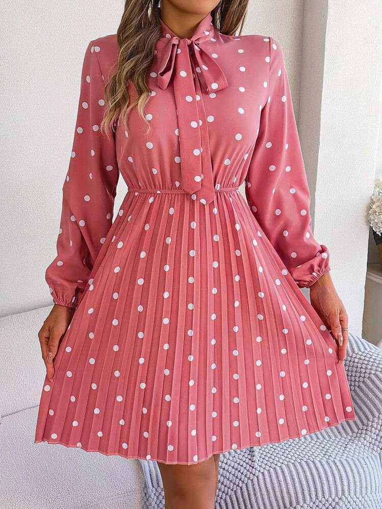 New Autumn/Winter Long Sleeve Red Polka Dot Dress With Cinched Waist And  Pleats | SHEIN USA