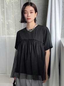 FRIFUL Áo thun nữ mùa hè màu trơn cổ tròn tay ngắn có viền bèo nhún, giản dị, nhún bèo - màu đen - Xem 4