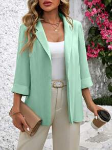 SHEIN LUNE 女士實色西裝領休閒外套，適合日常穿着 - 水鴨藍 - 查看 4