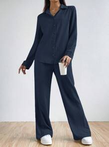SHEIN EZwear Conjunto de blusa y pantalón de dos piezas de unicolor simple para uso diario de mujer - Azul Marino - Ver 7