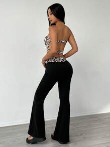 Flirla Conjunto de 2 piezas para mujer con top bandeau de estampado de leopardo y pantalones largos de unicolor para atuendo diario simple