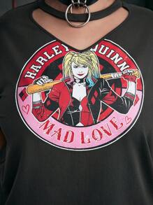 Harley Quinn X SHEIN 大码前卫、深色、时尚灰色宽松针织心形和卡通人物图案镂空 T 恤，夏季 - 黑色 - 查看 5