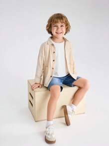 Young Boy Comfortable Casual Shirt + Heavy Wash Denim Shorts Outfit, 2pcs/Set - Beige - View 4