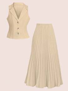 Chiquease Áo vest trắng trơn, áo blazer không tay, cổ chữ V, eo thon, váy xếp ly, bộ vest công sở thông thường thoải mái - Màu be - Xem 4