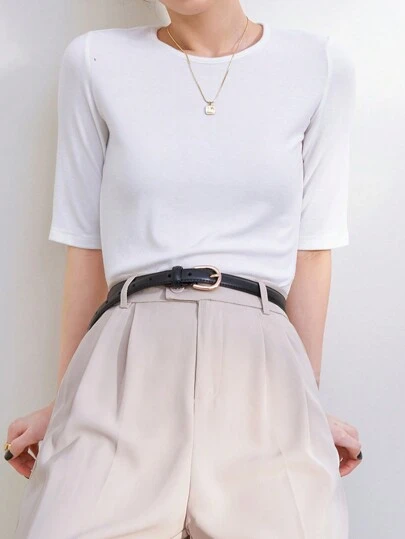 Dazy-Less Solid Round Neck Tee Old Money Style Preppy Tops Business Casual Woman Work Clothes