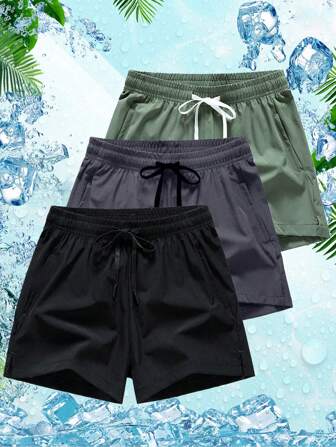 3pcs Men's Solid Color Drawstring Waist Wide-Legged Casual Sports Shorts