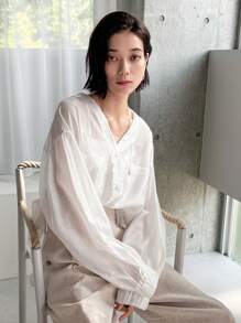 FRIFUL Ladies' Semi-Transparent Plain Simple Daily Shirt Sheer - White - View 8