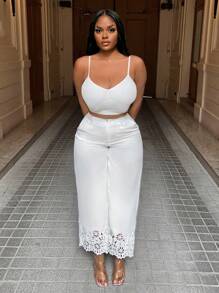 Slaydiva 度假細肩帶緊身背心和燒邊直筒褲套裝 - Z