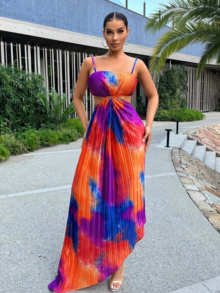 Ladies' Tie-Dye Print Hollow Out Asymmetric Hem Summer Spaghetti Strap Dress