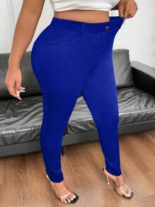 Flirla Plus Size Women's Solid Color Simple Casual Pants - Blue - View 1