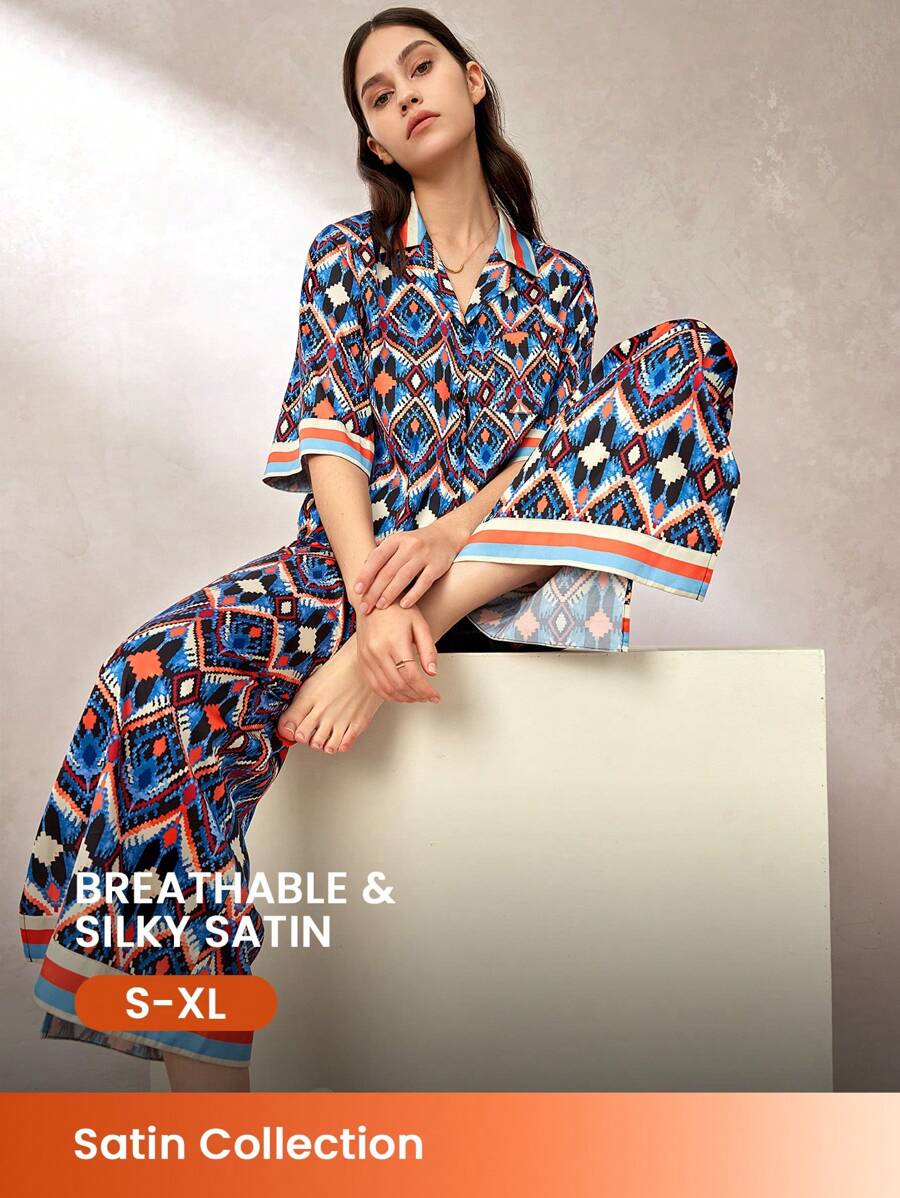 LUVLETTE Bộ đồ ngủ dài bằng satin họa tiết thời trang mùa hè cho nữ, đồ mặc nhà, đồ lót nữ có thể mặc ngoài.
