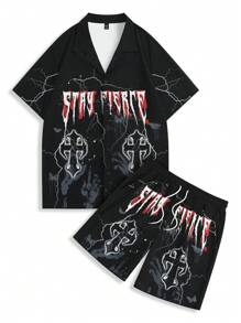 Manfinity EMRG Men's Summer Casual Hand Cross, Letter & Lightning Print Short Sleeve Shirt And Shorts Set , Graphic , Urban , Colorful , Boyfriend Gift , Y2k