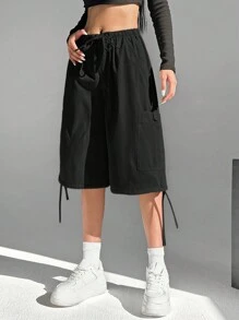 SHEIN EZwear Shorts de pierna ancha de talle alto y cordón en unicolor para mujer de verano