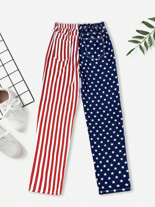 SHEIN 4th Of July Kids USA Independence Day Teen Boy National Flag Printing Washed Casual Fashion Street Outdoor Baggy Denim Pants For Summer Vacation And Dailywear