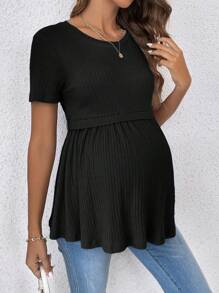 SHEIN 優雅浪漫的性別揭曉派對圓領短袖孕婦T恤 - 黑色 - 查看 4