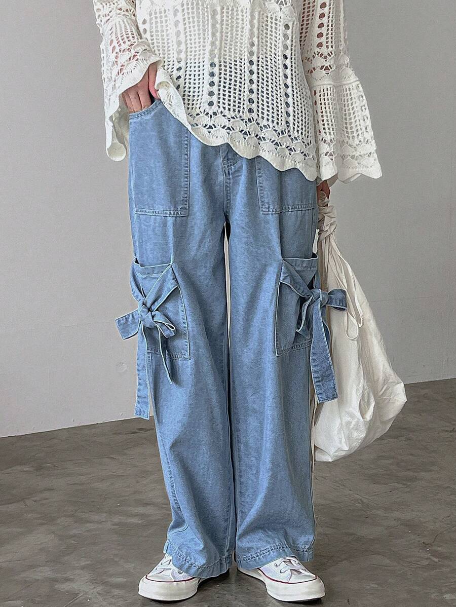 FRIFUL Celana Jeans Kasual Longgar Warna Polos Modis untuk Wanita dengan Kantong Besar - Light Wash - View 1