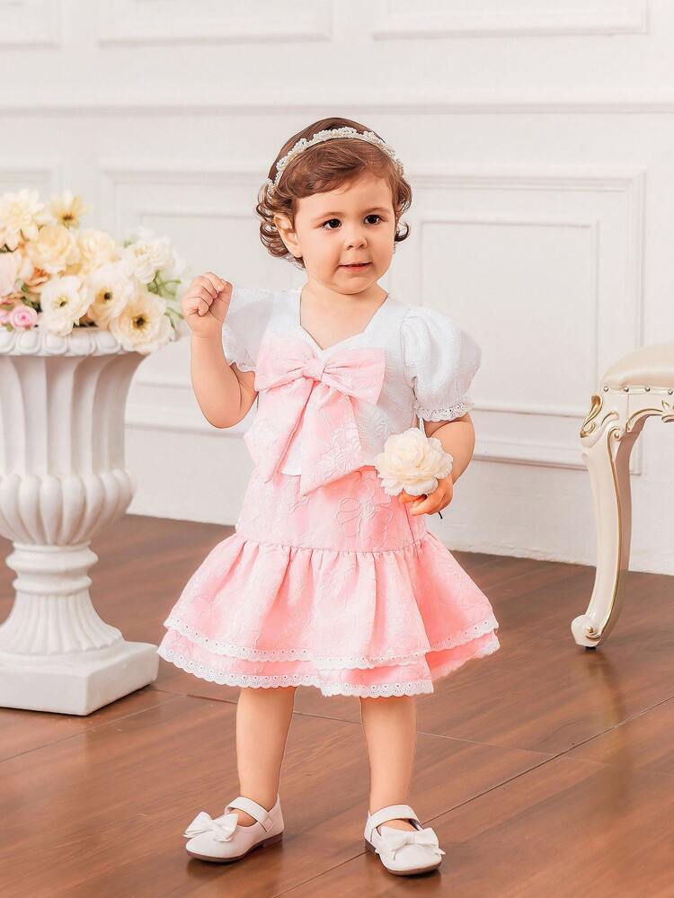 Baby Girl Cute Casual Bubble Short-Sleeved Top, Textured Flower Pattern, Color-Blocking Bowknot, Elastic Waist Sun-Skirt Set With Ruffle Trim