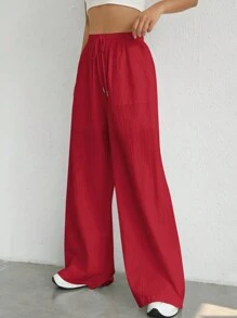 SHEIN EZwear Women's Simple Solid Color Woven Casual Pants For Daily Wear - Red - View 3