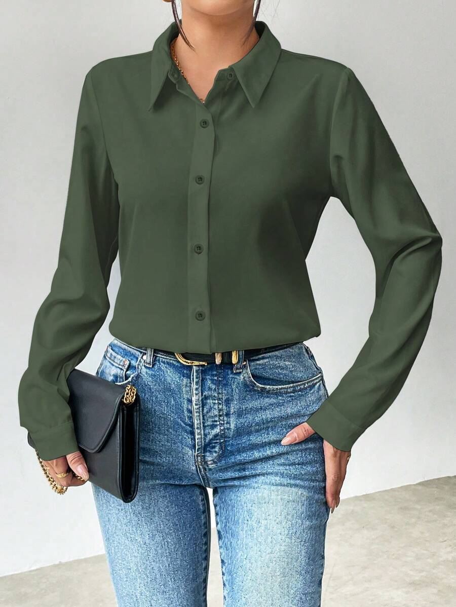 Selianne Ladies' Solid Color Simple Daily Long Sleeve Shirt,Long Sleeve Tops Fall Cloth For Women - Olive Green - View 1