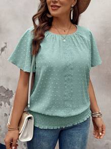 SHEIN LUNE Lace Decorated Round Neck Loose Fit Shirt With Elastic Bottom Hem Short Sleeves, Plus Size - Green - View 4