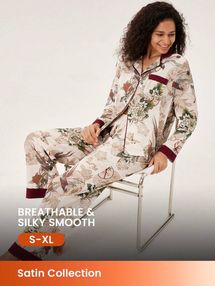 Autumn And Winter Floral Pattern Chinese Ink Painting Flora Print Satin Long Women Pajama Sets Lounge Sets For Women Lingerie Fall Pajamas