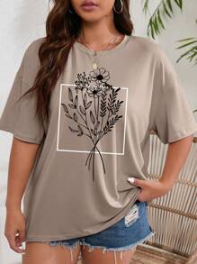 INAWLY Plus Size Women's Loose Fit Flower Print Round Neck Drop Shoulder Short Sleeve Casual Tee, Summer, Graphic T-Shirt Graphic Tees Women Tops - Khaki - View 6