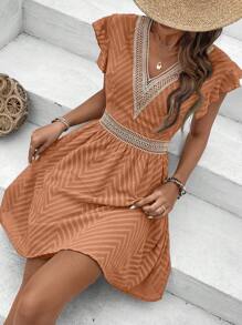 SHEIN Frenchy Women's Elegant V-Neck Lace Patchwork Summer Dress Casual - Orange - View 6