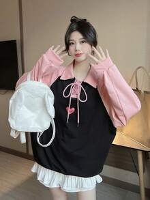 女士可爱长袖套头卫衣，打结领设计，弹力面料，常规长度 - 粉色 - 查看 3