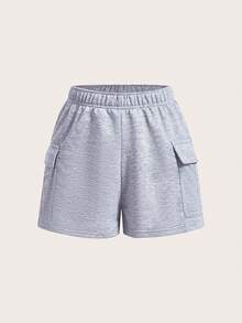 SHEIN BASICS Shorts pour femmes en tricot de couleur unie, à taille haute avec poche plissée et rabat, des deux côtés, pour loisir et sport - Gris pâle - Voir 7