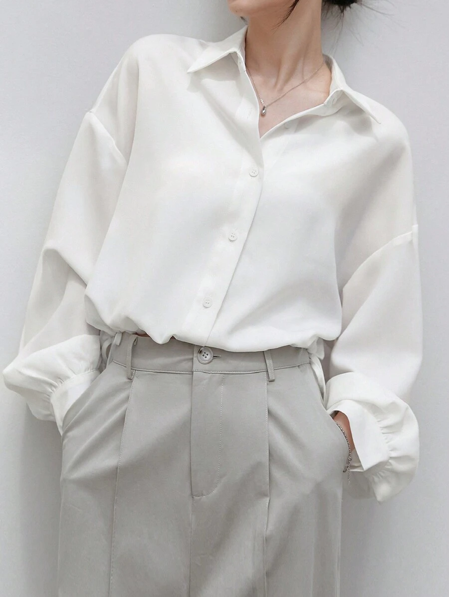 DAZY Camisa Sólida De Hombros Caídos - Blanco - Ver 1